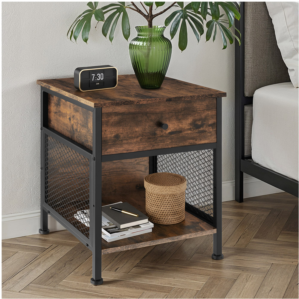tectake Killarney Single Drawer Dark Industrial Wood Rustic Bedside Table Image 2