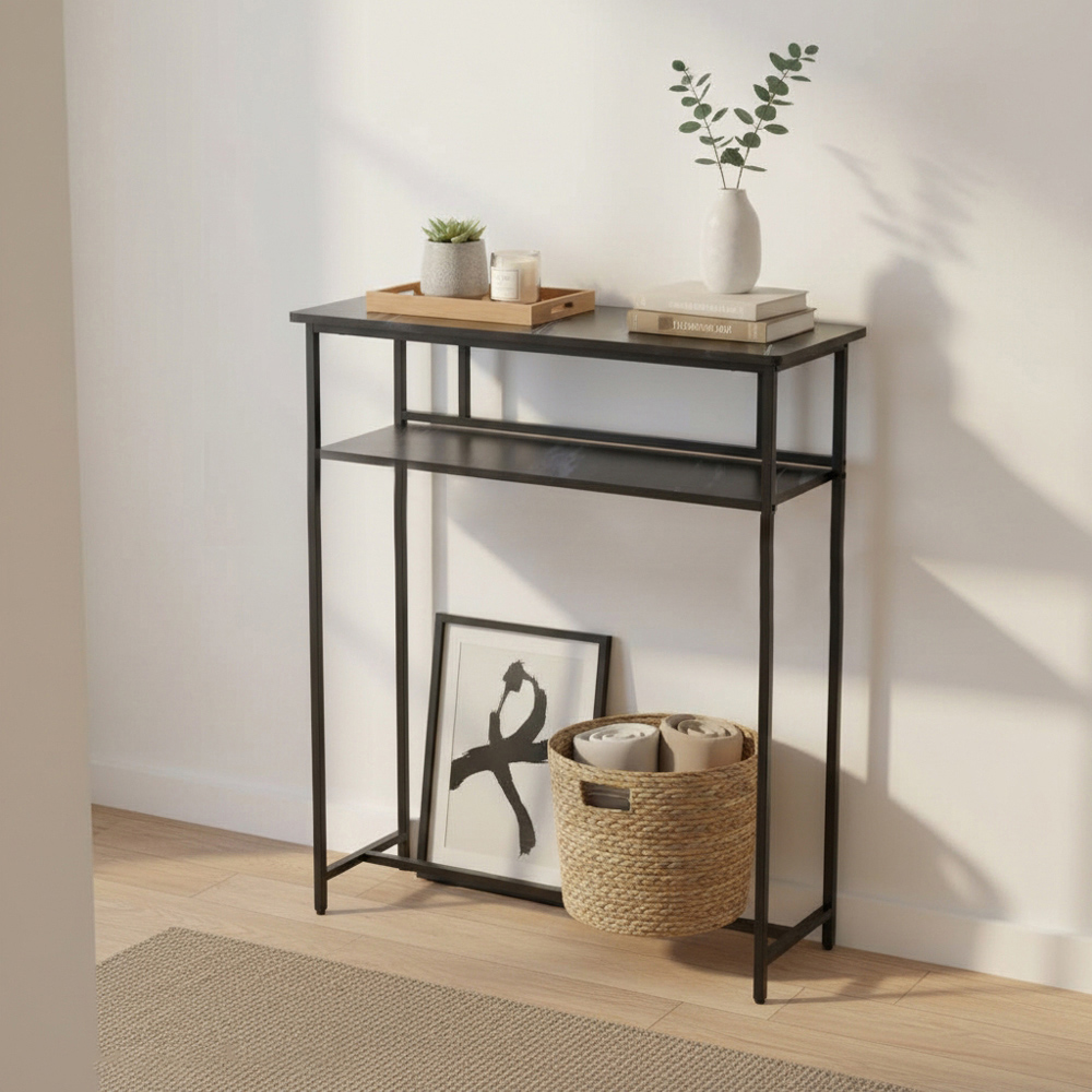 Living and Home 2-Tier Black Faux Marble Top Console Table Image 7