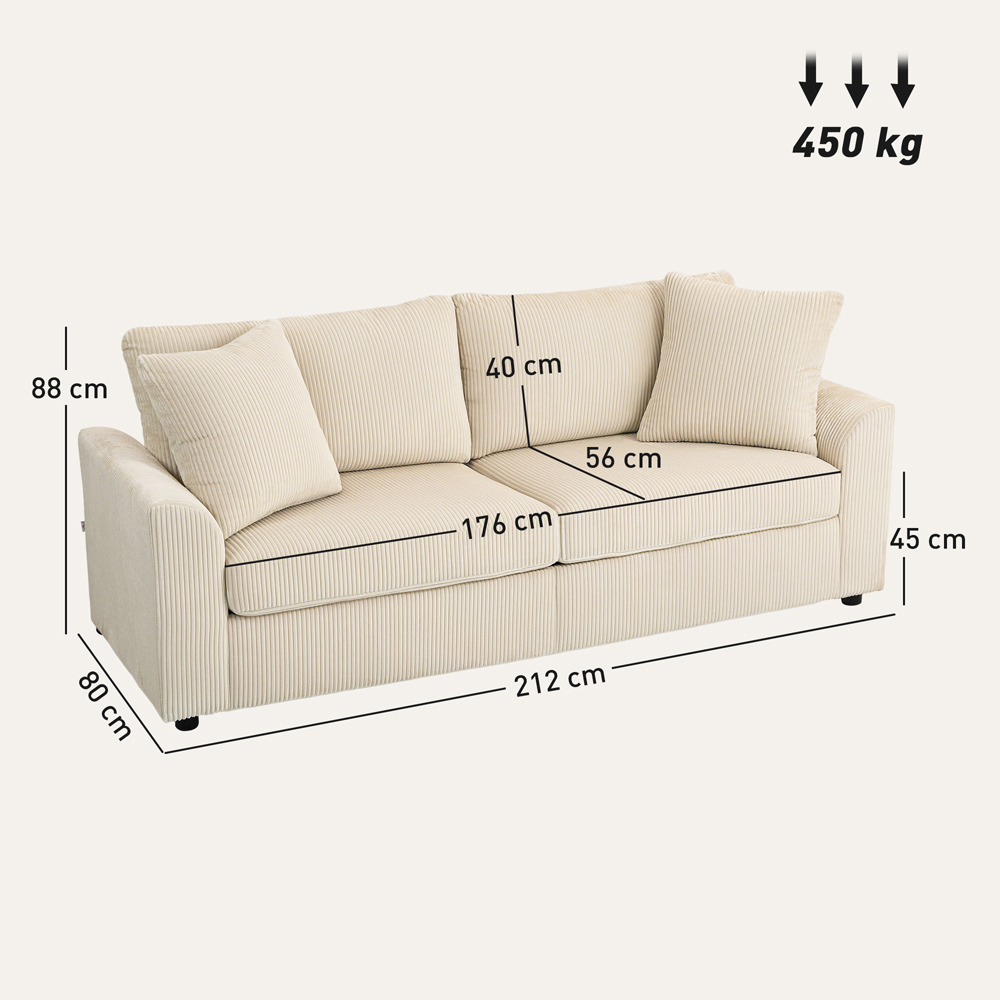 HOMCOM 3 Seater Cream Upholstered Jumbo Cord Sofa Image 9