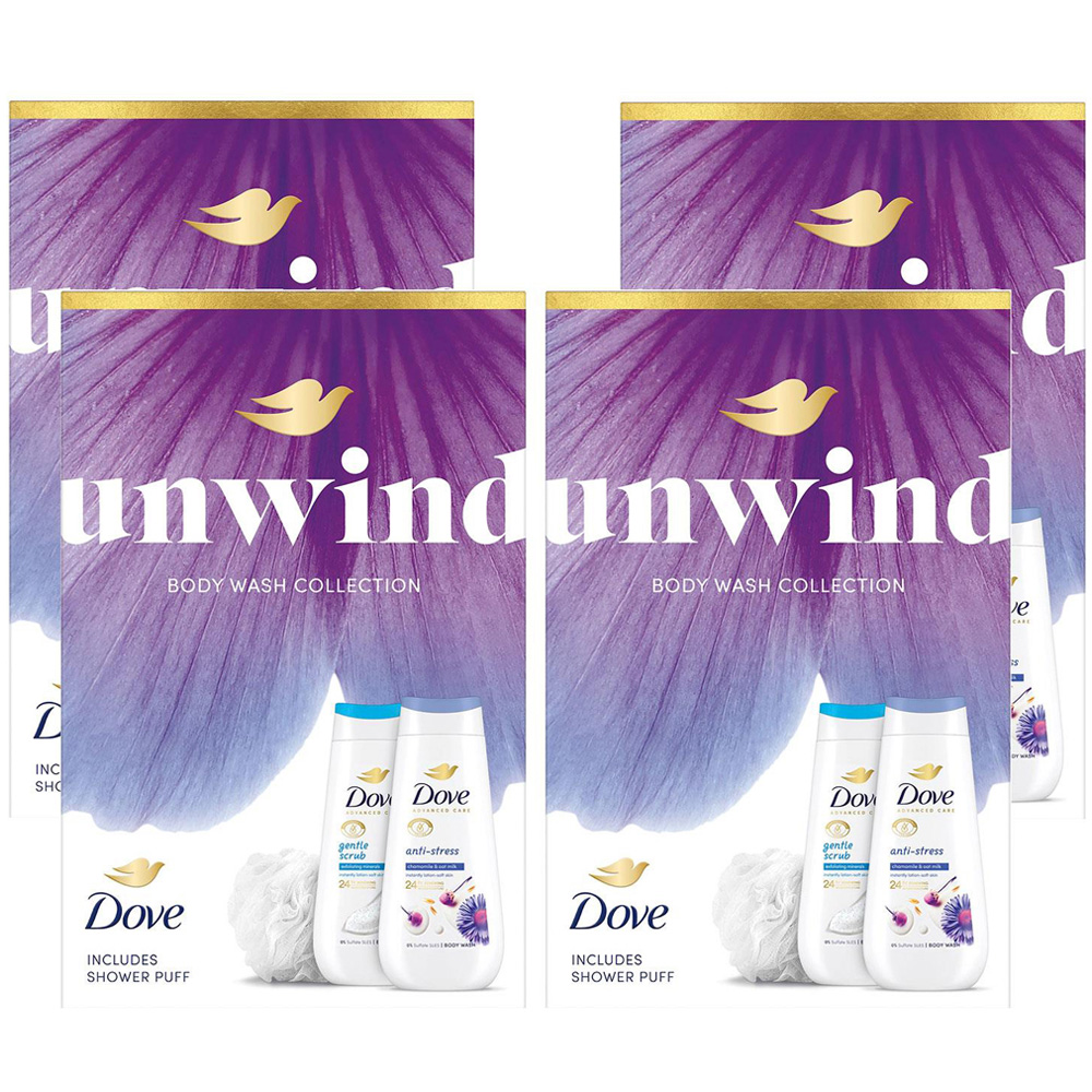 Dove Unwind Gentle Scrub and Anti Stress Bodywash Duo Gift Set 225ml 4 Pack Image 1