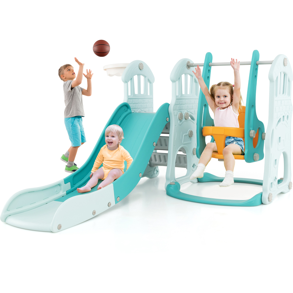 Costway 4-in-1 Toddler Green Slide and Swing Set Image 3
