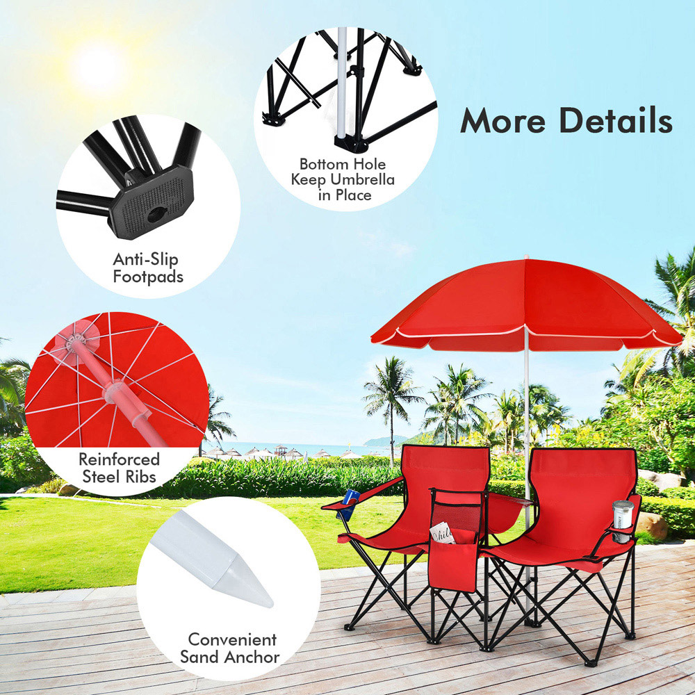 Costway Red Double Portable Camping Chair with Umbrella and Ice Bag Image 4