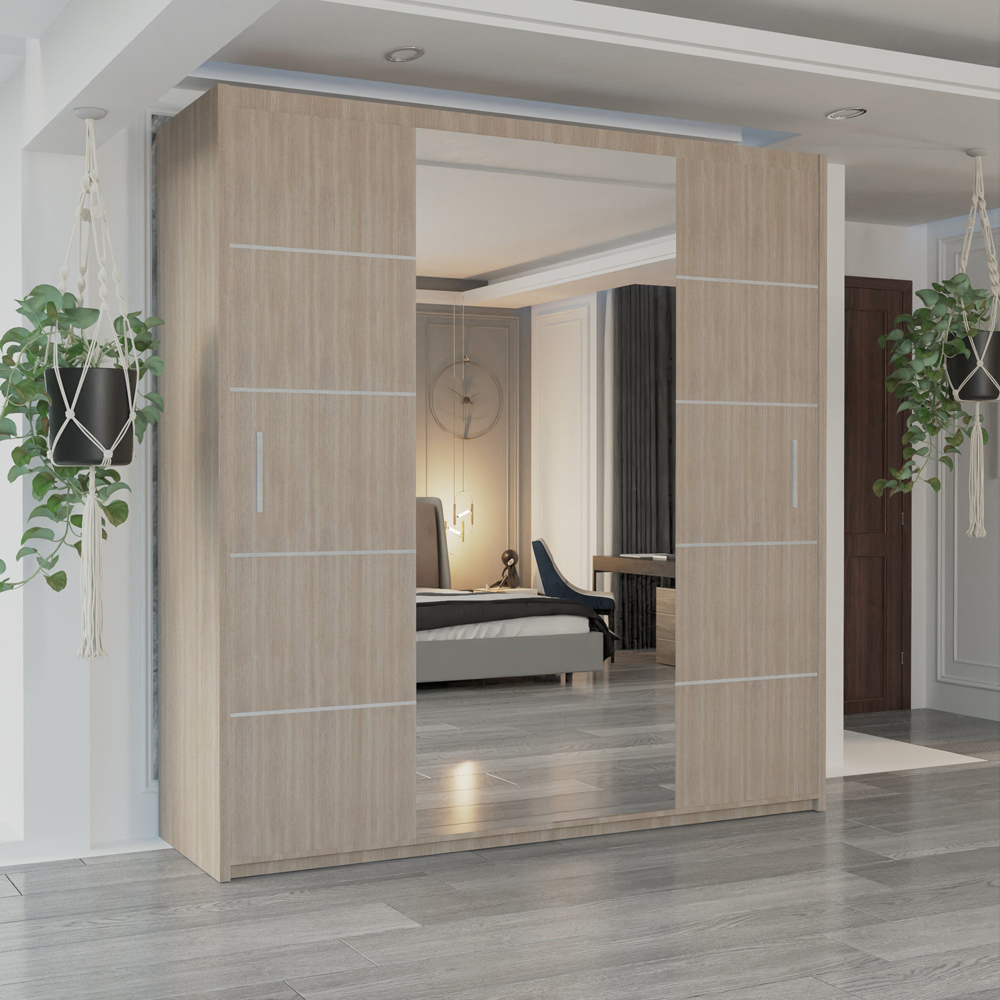 M N Furniture Osaka 2 Door Oak Mirrored Panel Sliding Wardrobe 203cm Image 4