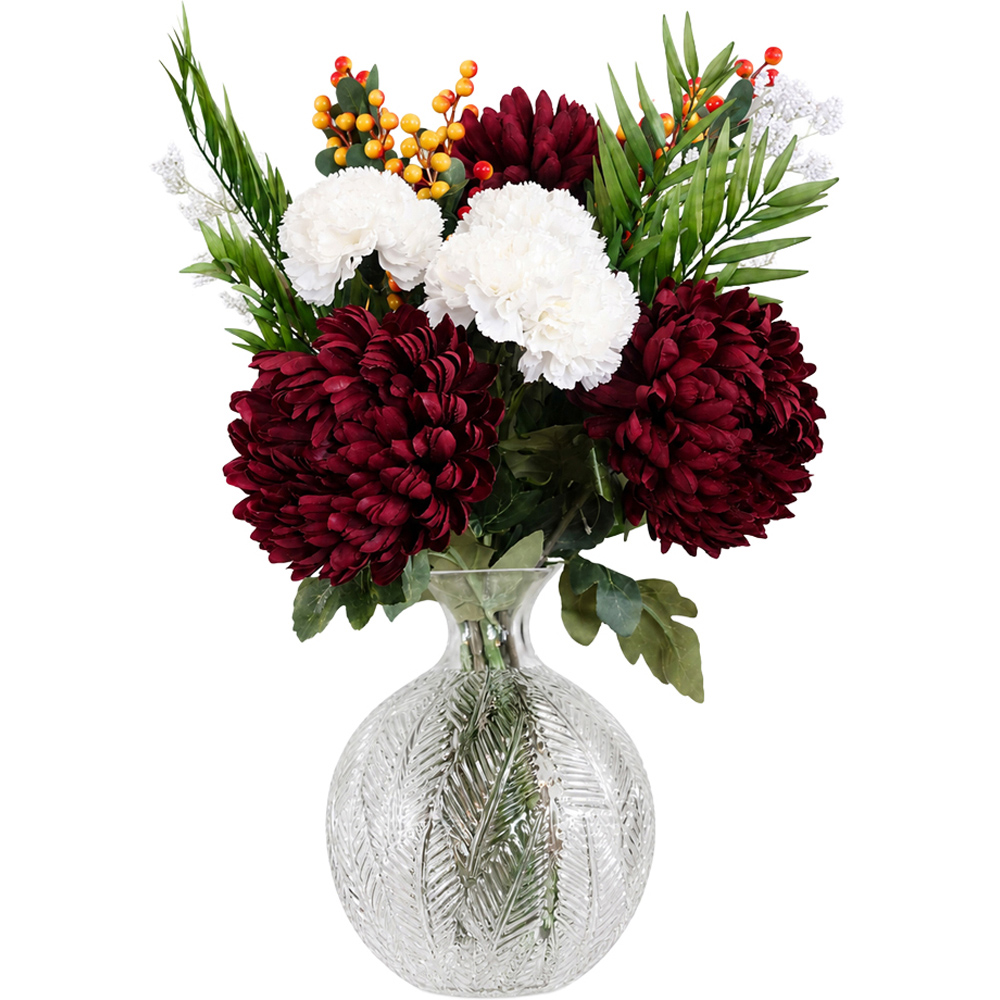 Leaf Artificial Red Chrysanthemum in Glass Ball Vase 70cm Image 1