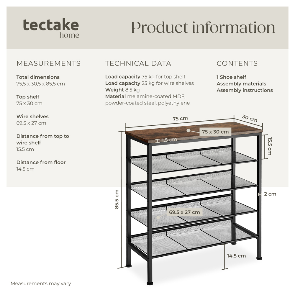 tectake Bournemouth 4 Grid Shelf Dark Wood Shoe Rack Image 8
