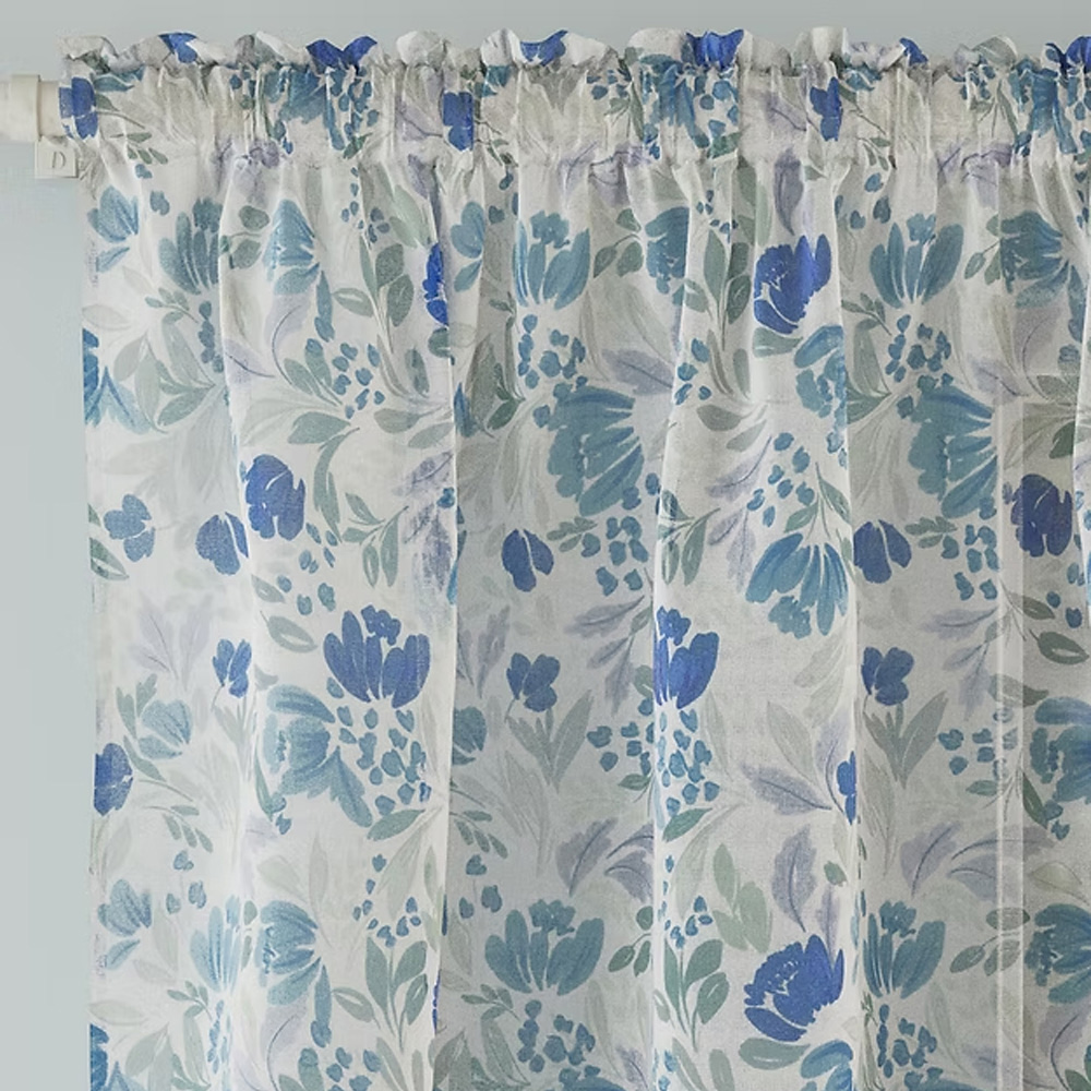 Tyrone Textiles Mia Blue Floral Print Sheer Rod Pocket Voile Panel Curtains 140 x 122cm Image 2