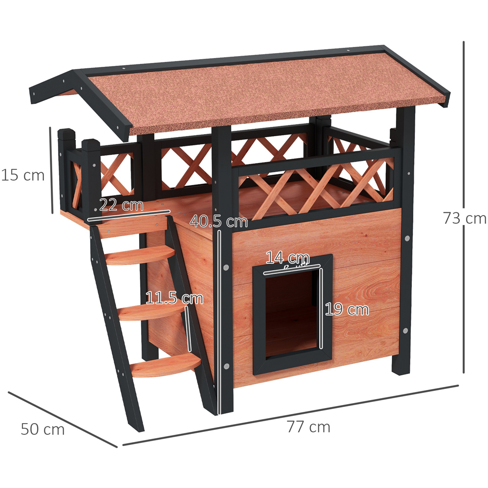 PawHut Brown Outdoor Cat House with Balcony Stairs Roof Image 7