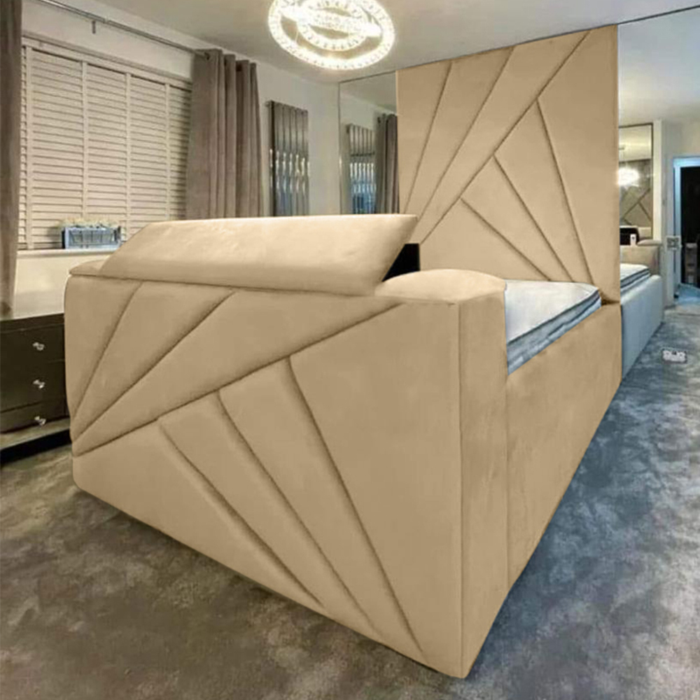 Eleganza Home Tina Double Beige Plush Velvet Bed Frame with Headboard and Remote Image 1