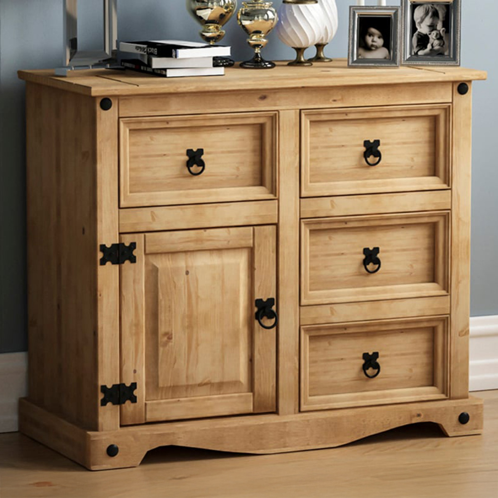 Vida Designs Corona Single Door 4 Drawer Pine Small Sideboard Image 1