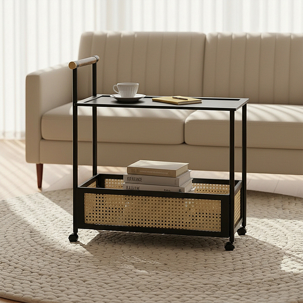 Living and Home 2-Tier Black Faux Rattan Side Table with Castors Image 7