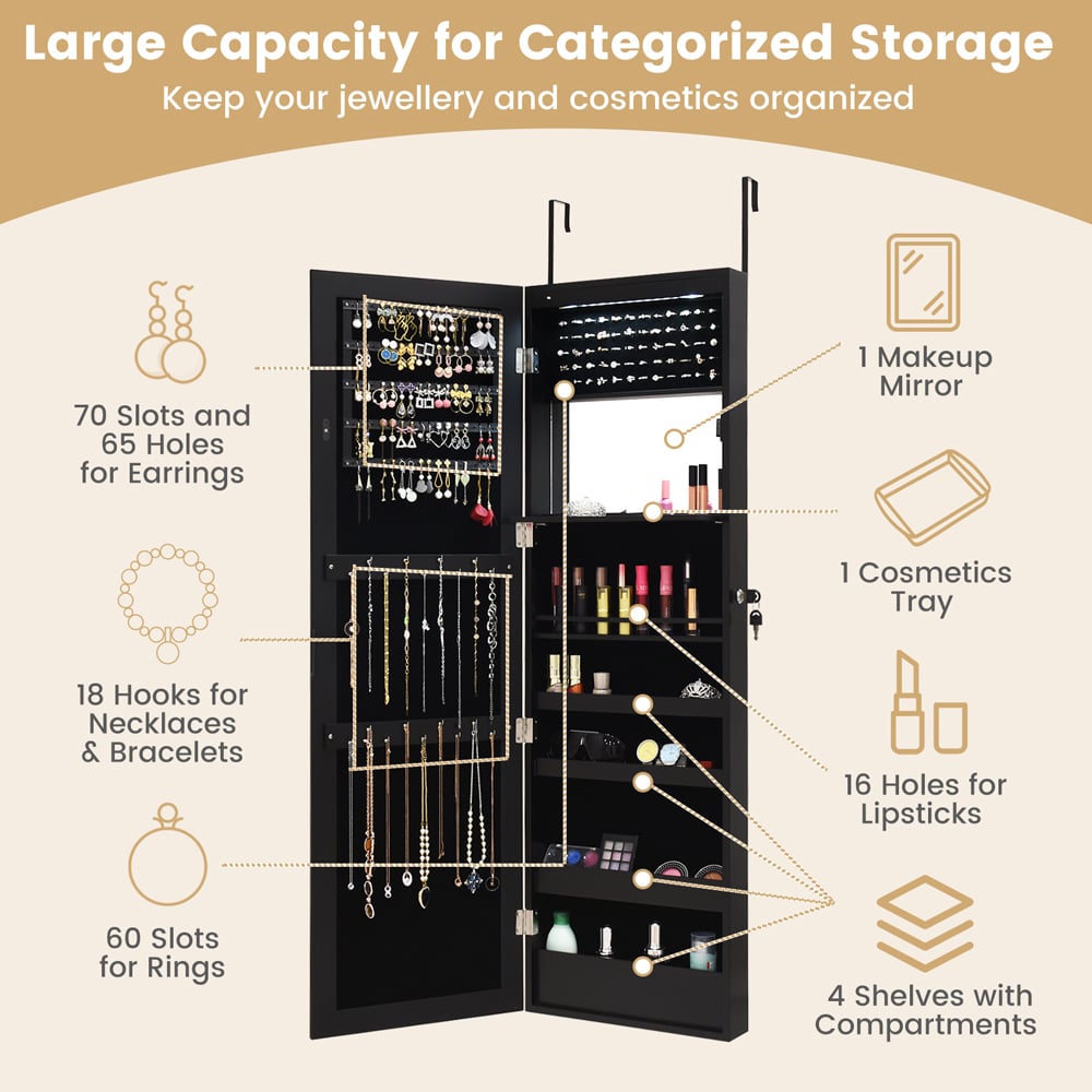 Costway Black LED Mirror Jewellery Cabinet Image 5