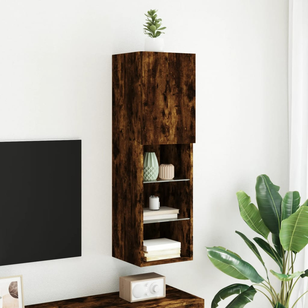 vidaXL Single Door 3 Shelf Smoked Oak Wall Mounted LED TV Cabinet Image 4