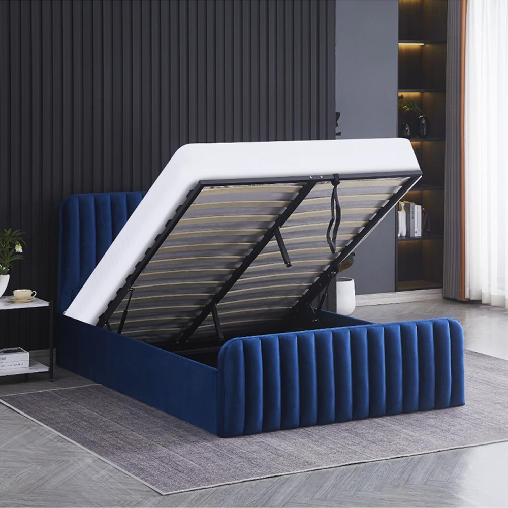 Portland Wave Small Double Blue Velvet Ottoman Bed with Mattress Image 2
