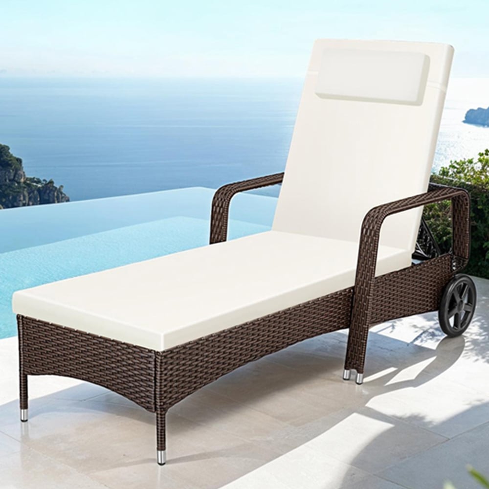 tectake Mixed Brown 6 Level Adjustable Sun Lounger with Soft Pillow and Wheels Image 1