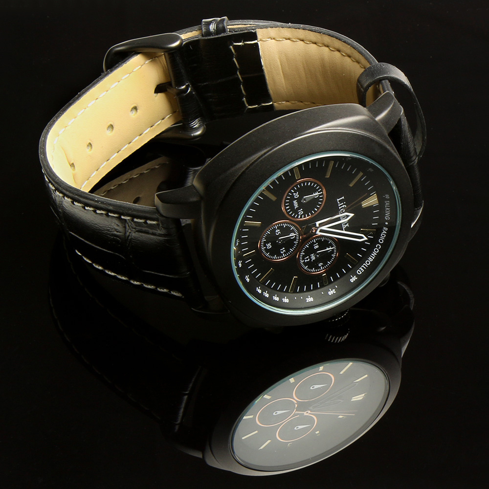 Lifemax Black Leather Chronograph Atomic Talking Watch Image 2