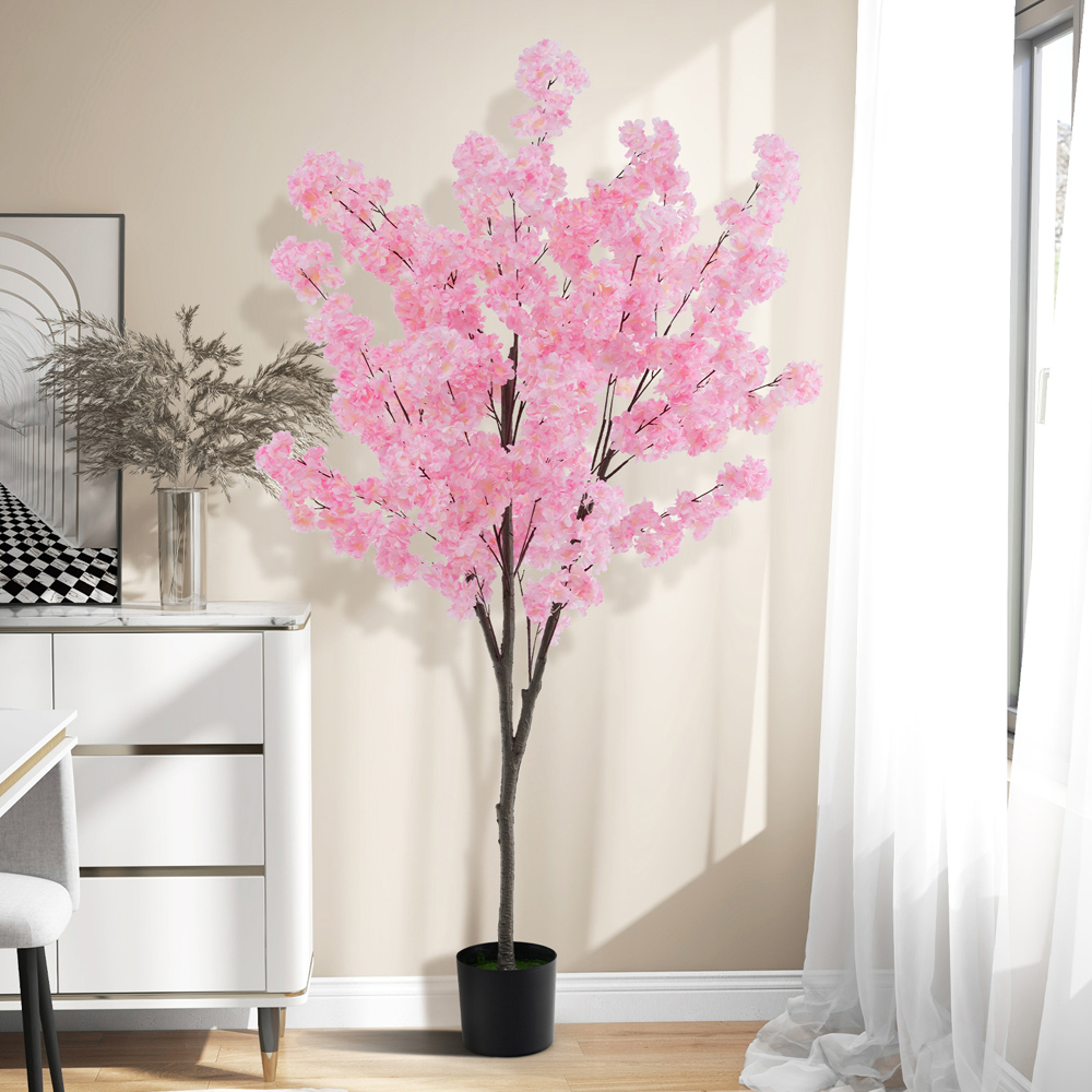 Costway Cherry Blossom Flowers Artificial Plant In Pot 6.2ft Image 2