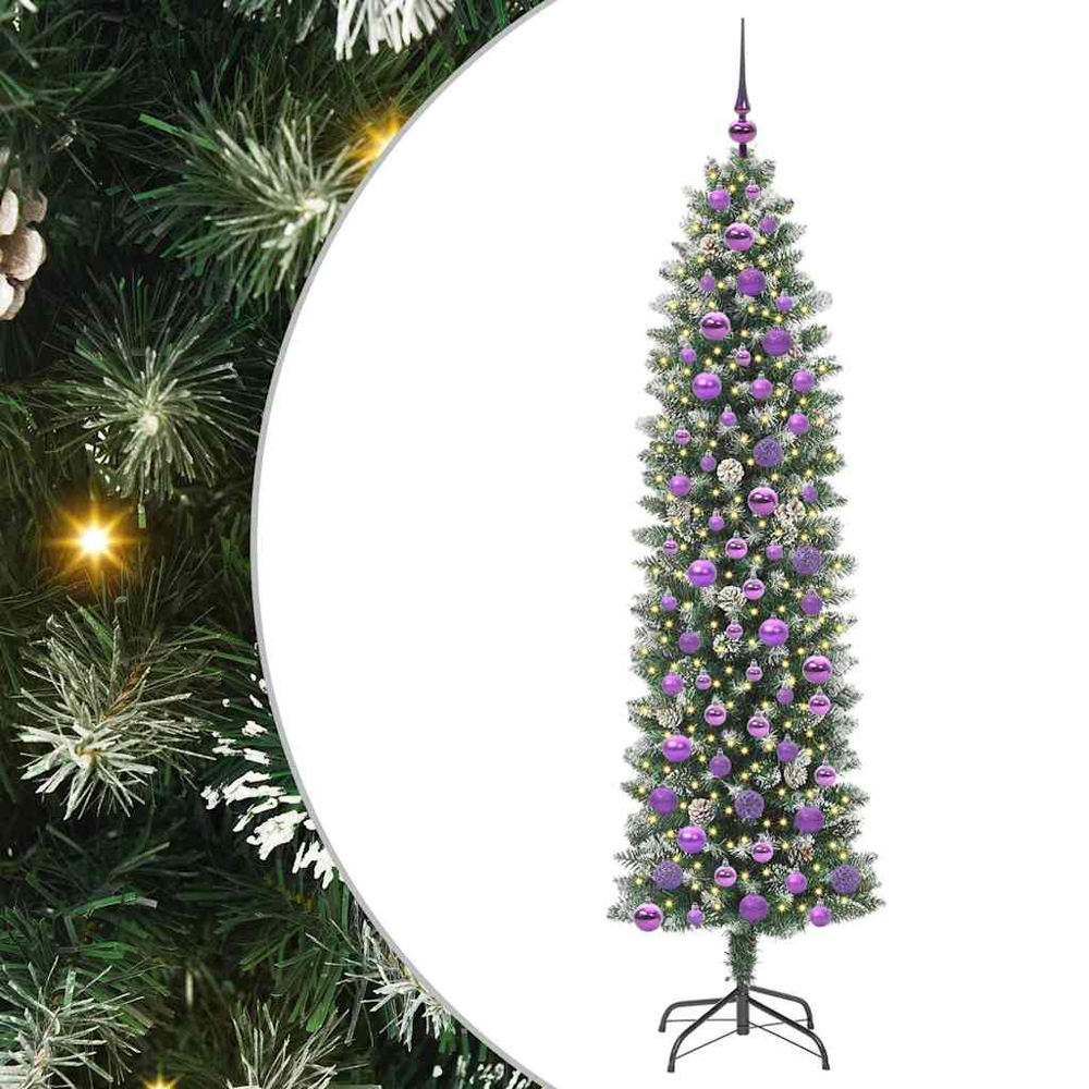 vidaXL Pre-Lit Lilac Bauble Pinecones Green Snow Flocked Artificial Pencil Christmas Tree 6ft Image 6