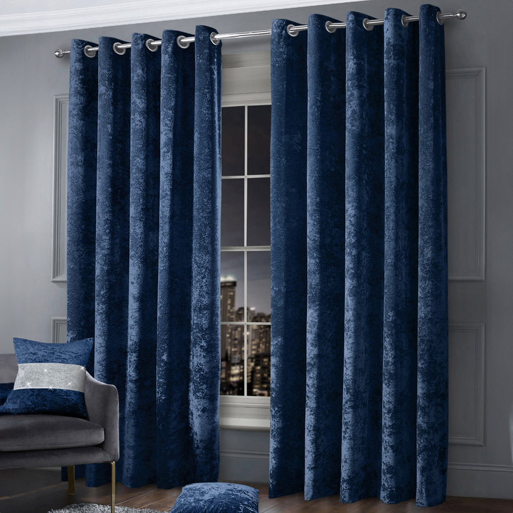 Intimates Navy Blue Plain Crushed Velvet Curtains 168X229cm Image 1