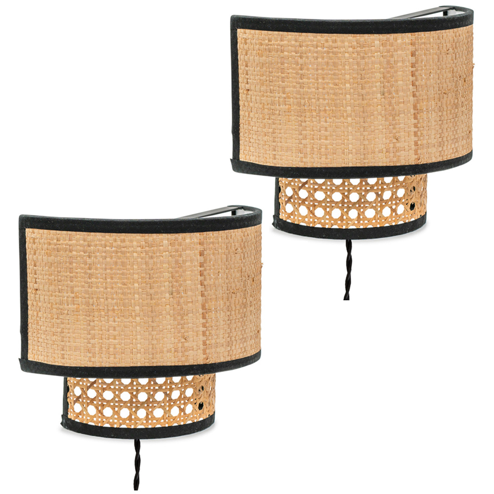 ValueLights Grant Natural Cane Black Trim Plug-in LED Wall Light 2 Pack Image 1