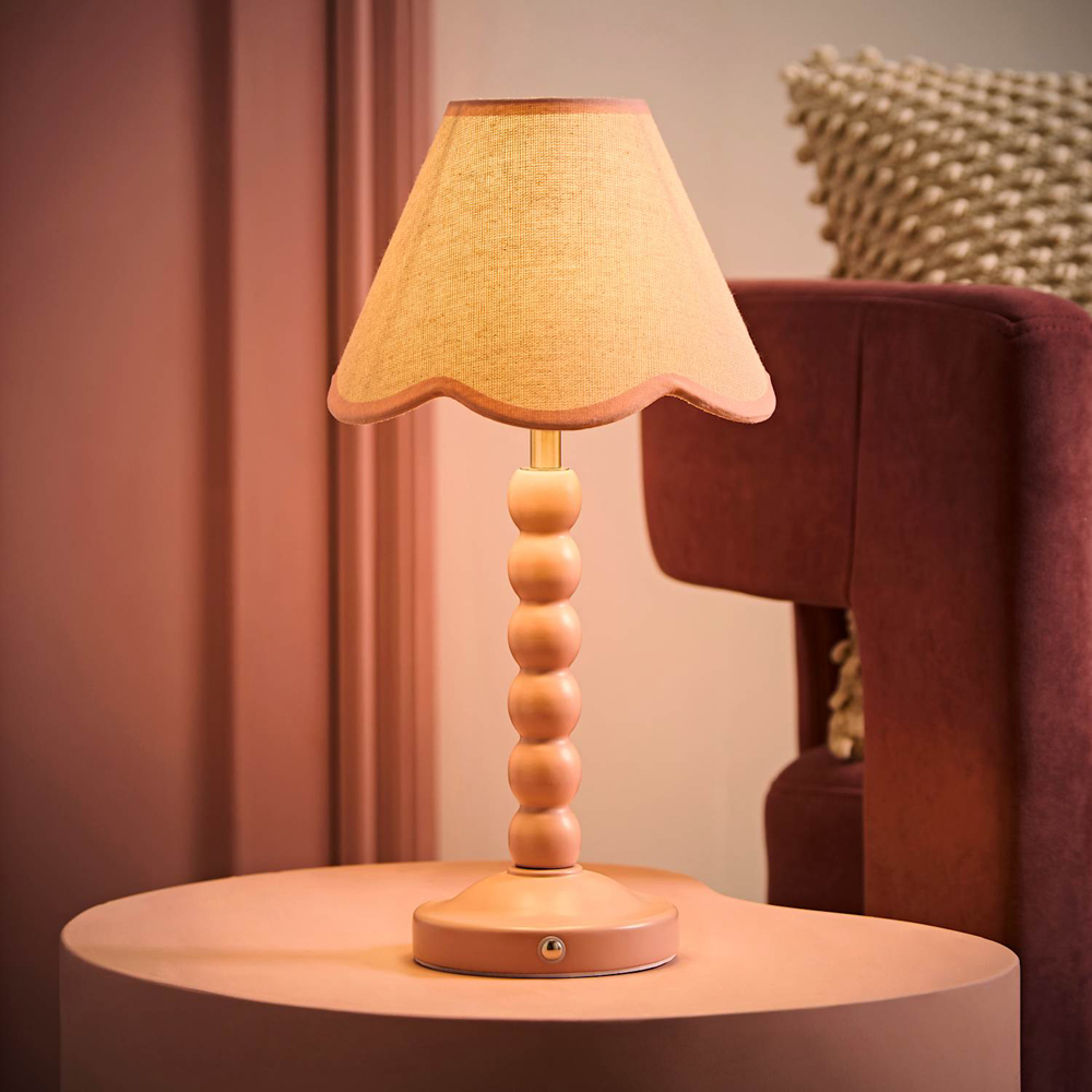 ValueLights Bobble Pink Scallop Shade Pink Wooden LED Table Lamp Image 2