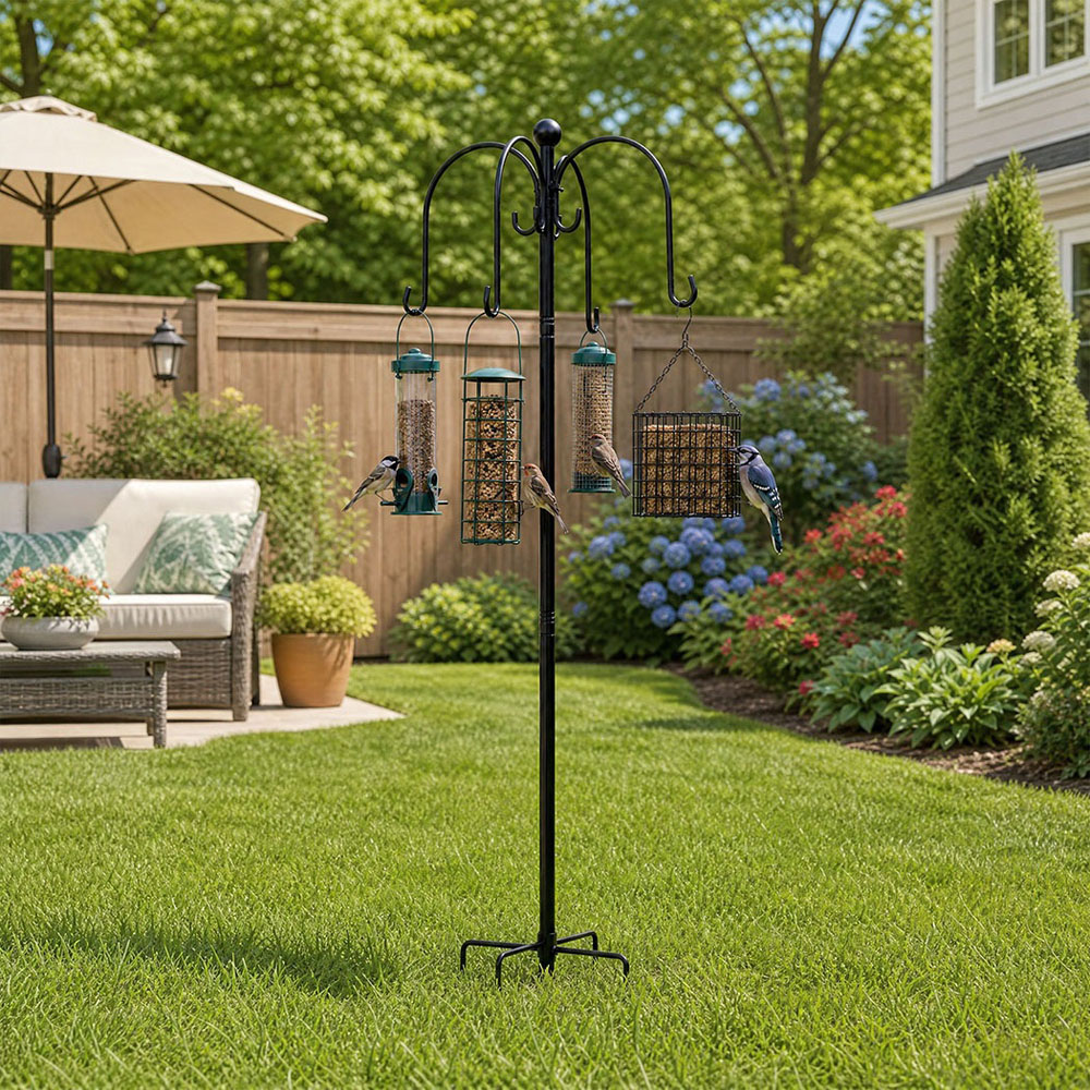 TOQUE Black Height Adjustable Complete Bird Feeding Station with 4 Feeders Image 2