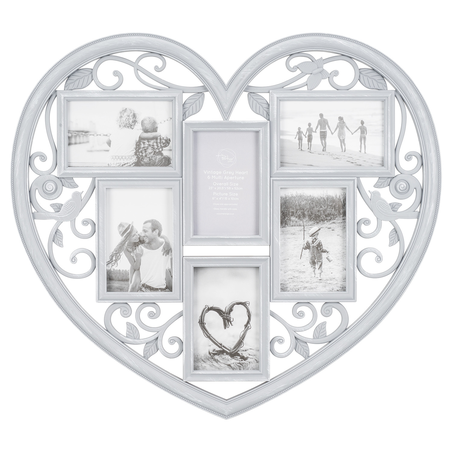 The Port. Co Gallery Grey Vintage Heart 6 Multi Aperture Photo Frame Image