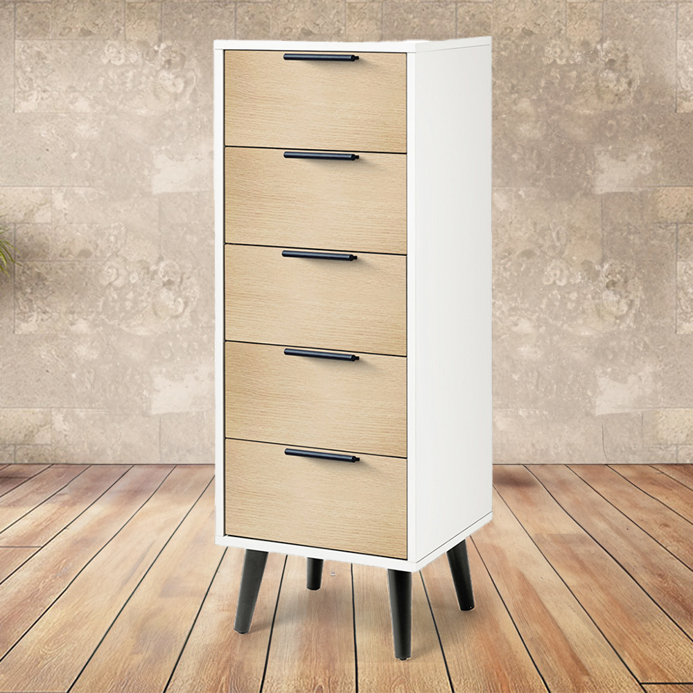 Julian Bowen Alba 5 Drawer Matt White and Oak Narrow Chest of Drawers Image 1