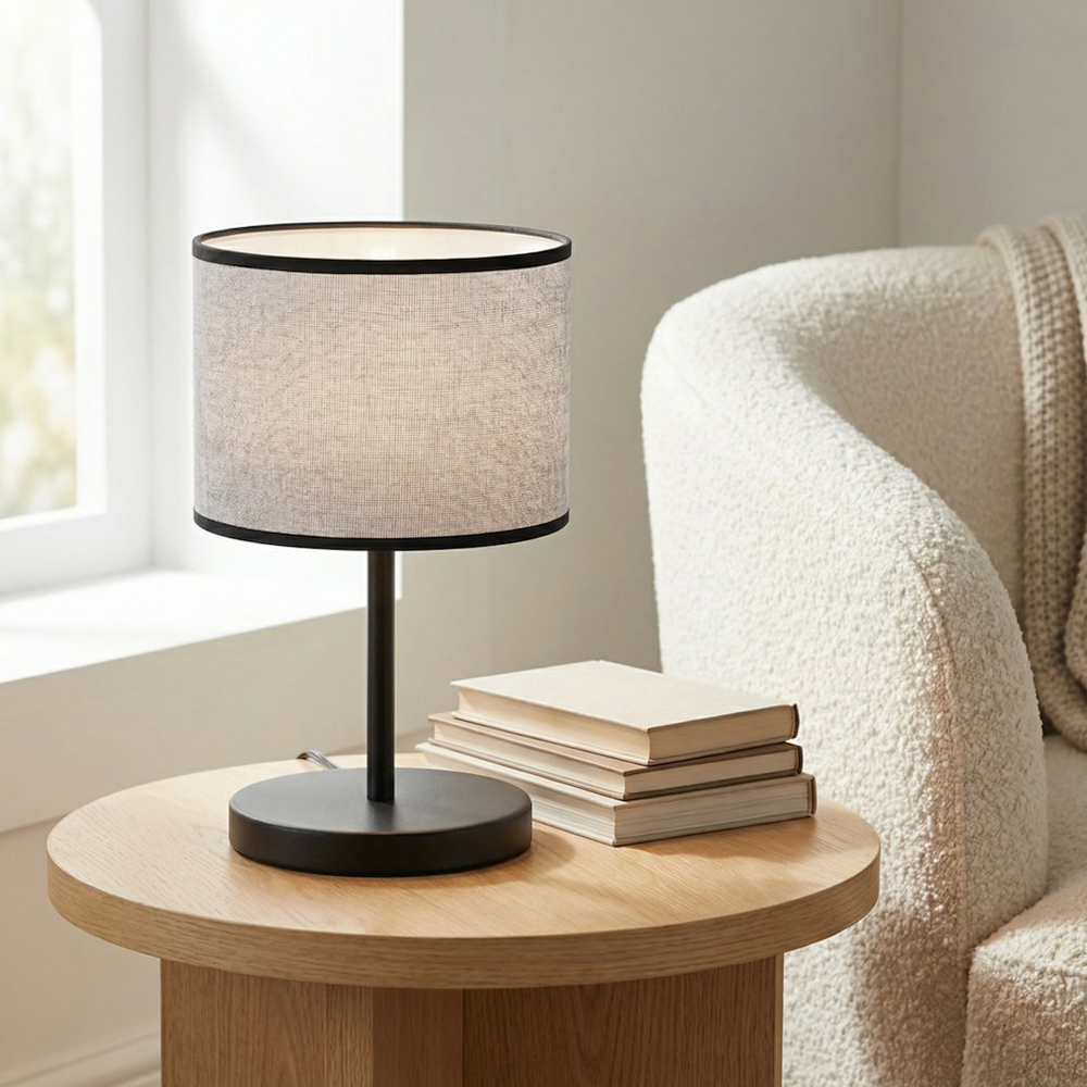 Emibig Eco Grey Cylindrical Shade Black E27 Table Lamp Image 4