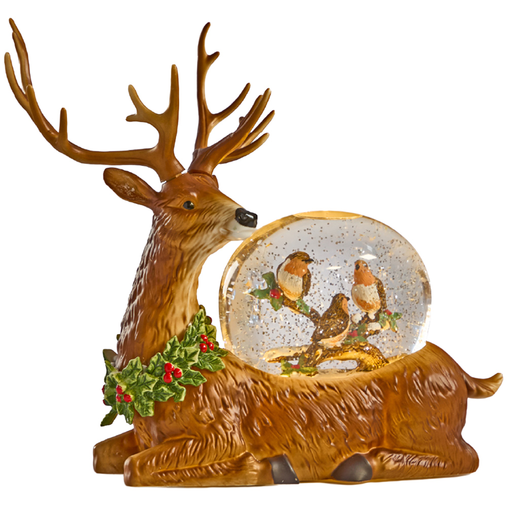 The Christmas Workshop Warm White LED Golden Reindeer and Robin Light Up Snow Globe 26cm Image 1
