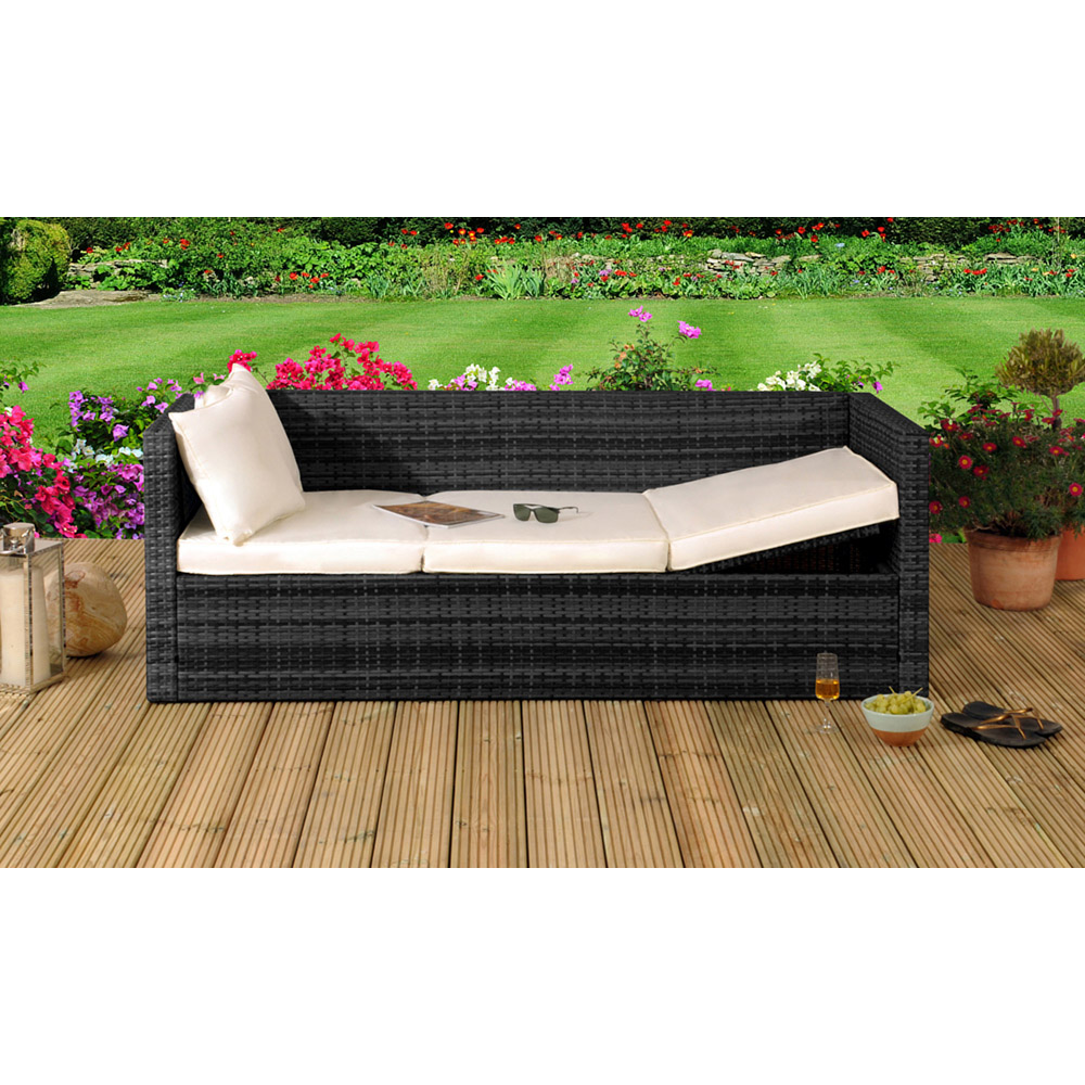 Brooklyn 3 Seater Black Rattan Sun Lounger Storage Sofa with Cover Image 2