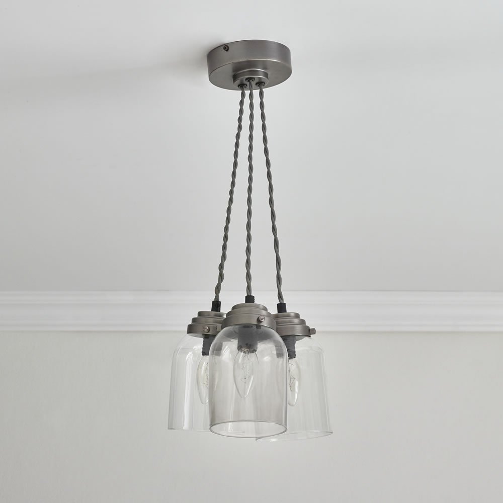 Wilko Pewter Triple Glass Pewter Industrial Pendant Light Shade Image 2