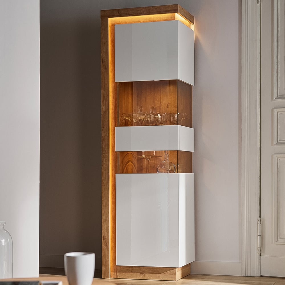 Florence Lyon Single Door Riviera Oak and White Display Cabinet with LED Lighting Image 1