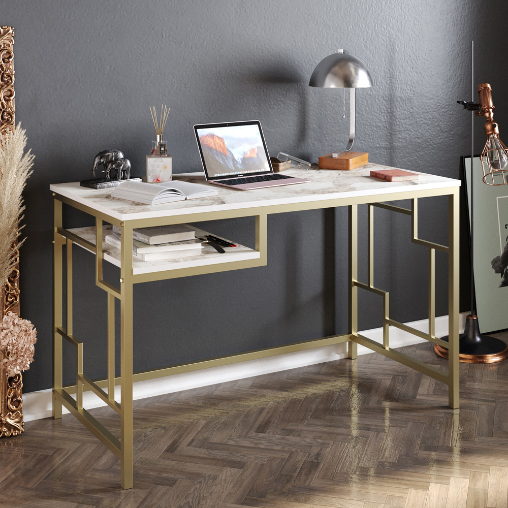 Decorotika Victory Single Shelf Wide Study Desk White Marble Effect and Gold Image 5