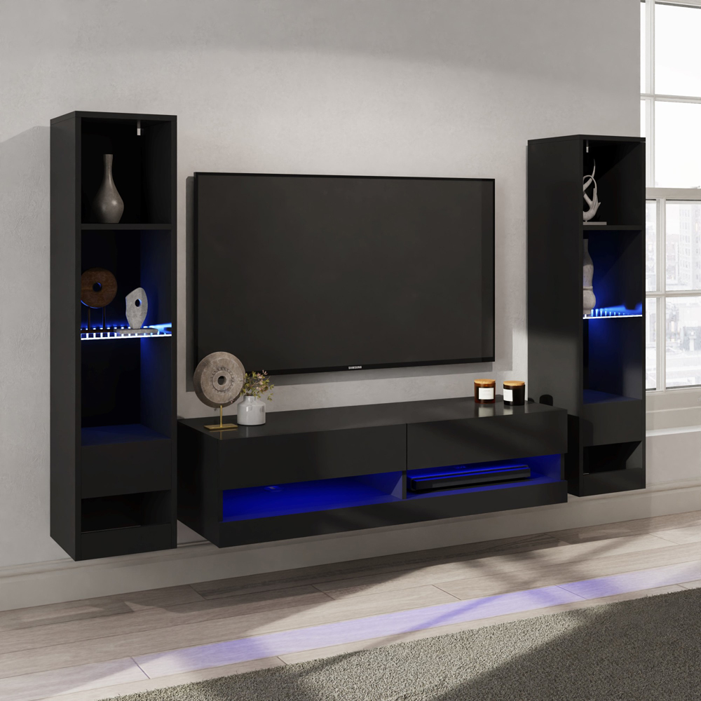 GFW Galicia 10 Shelf Black Wall Mounted LED Full Media Set Image 1