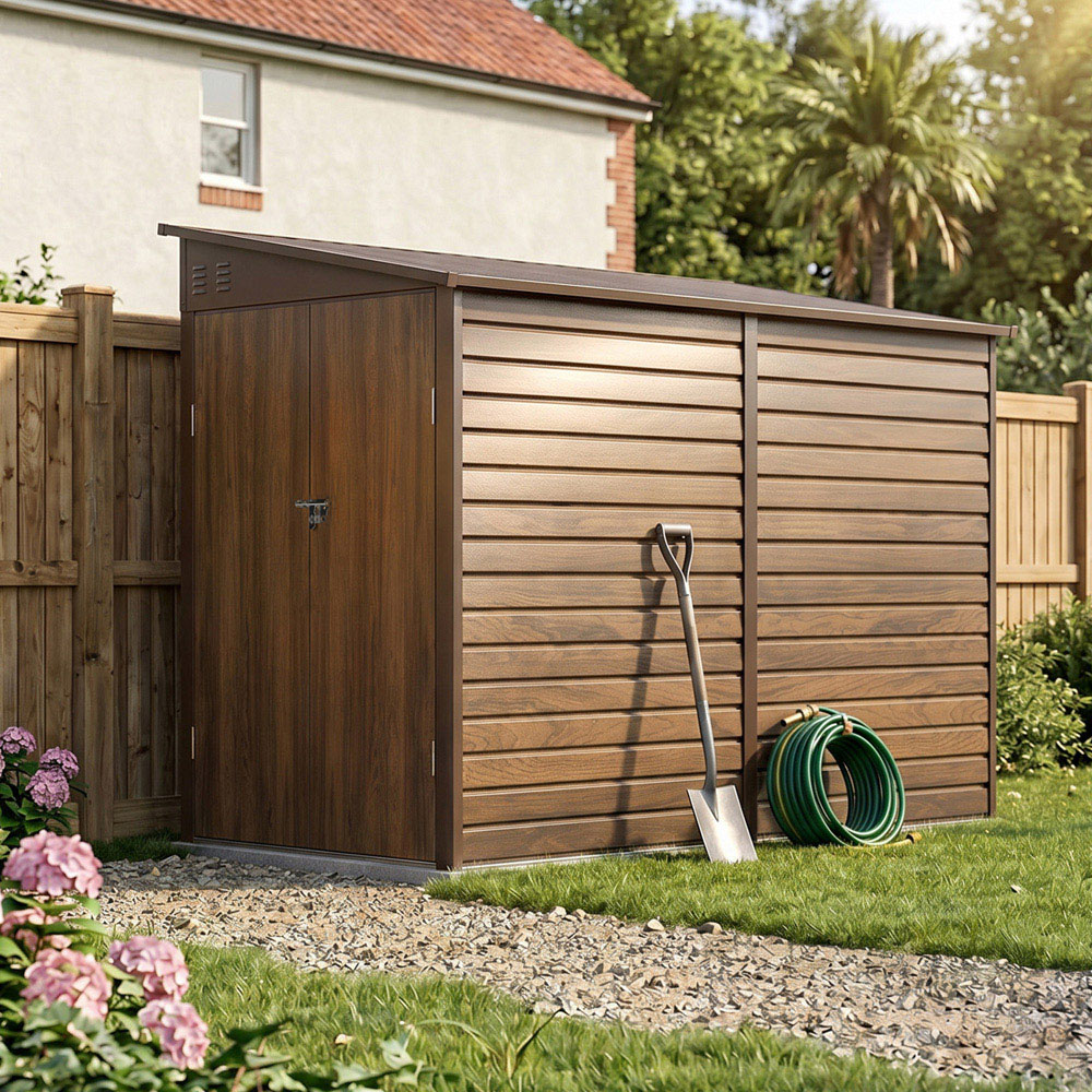 Living and Home 4.6 x 9ft Wood Grain Finish Metal Pent Garden Storage Shed Image 2