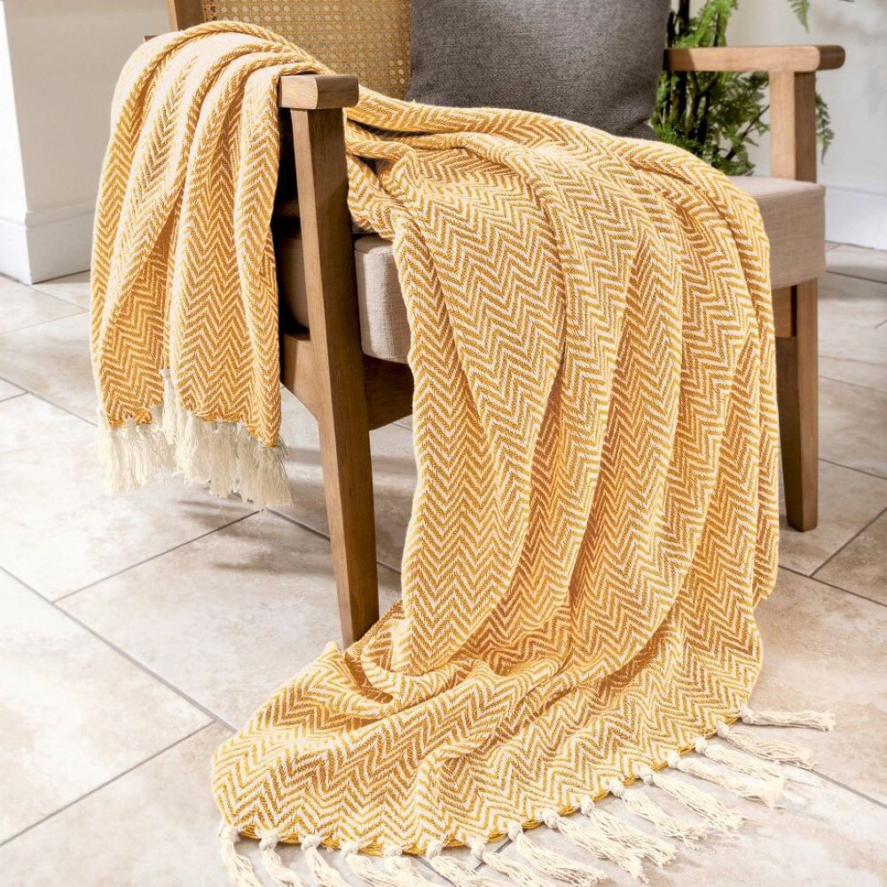 Allure Home Fashions Audley Mustard Cotton Chevron Herringbone Throw 150 x 200cm Image 2