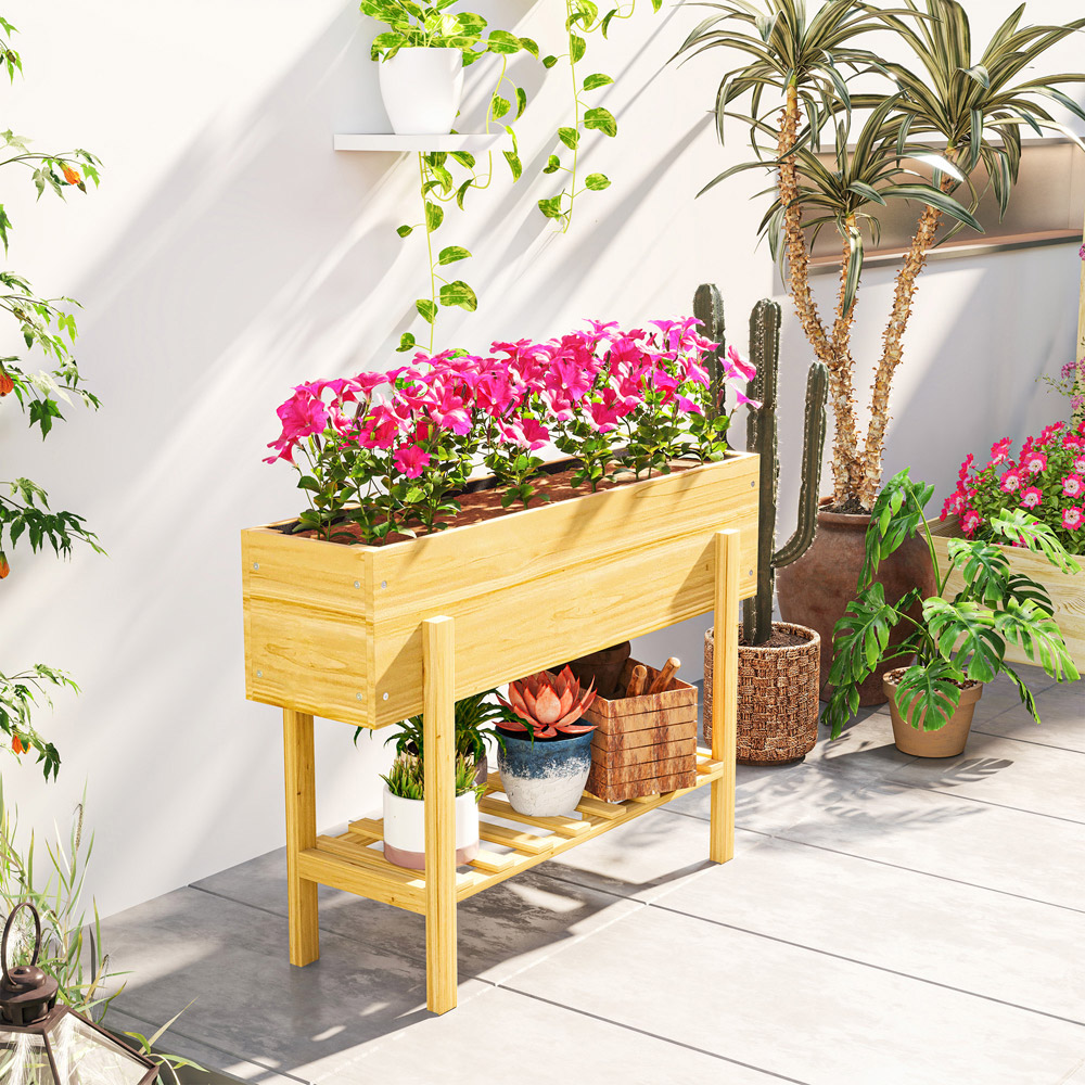 Outsunny Natural Wood Finish Wooden Raised Garden Bed with Bed Liner and Storage Shelf Image 4