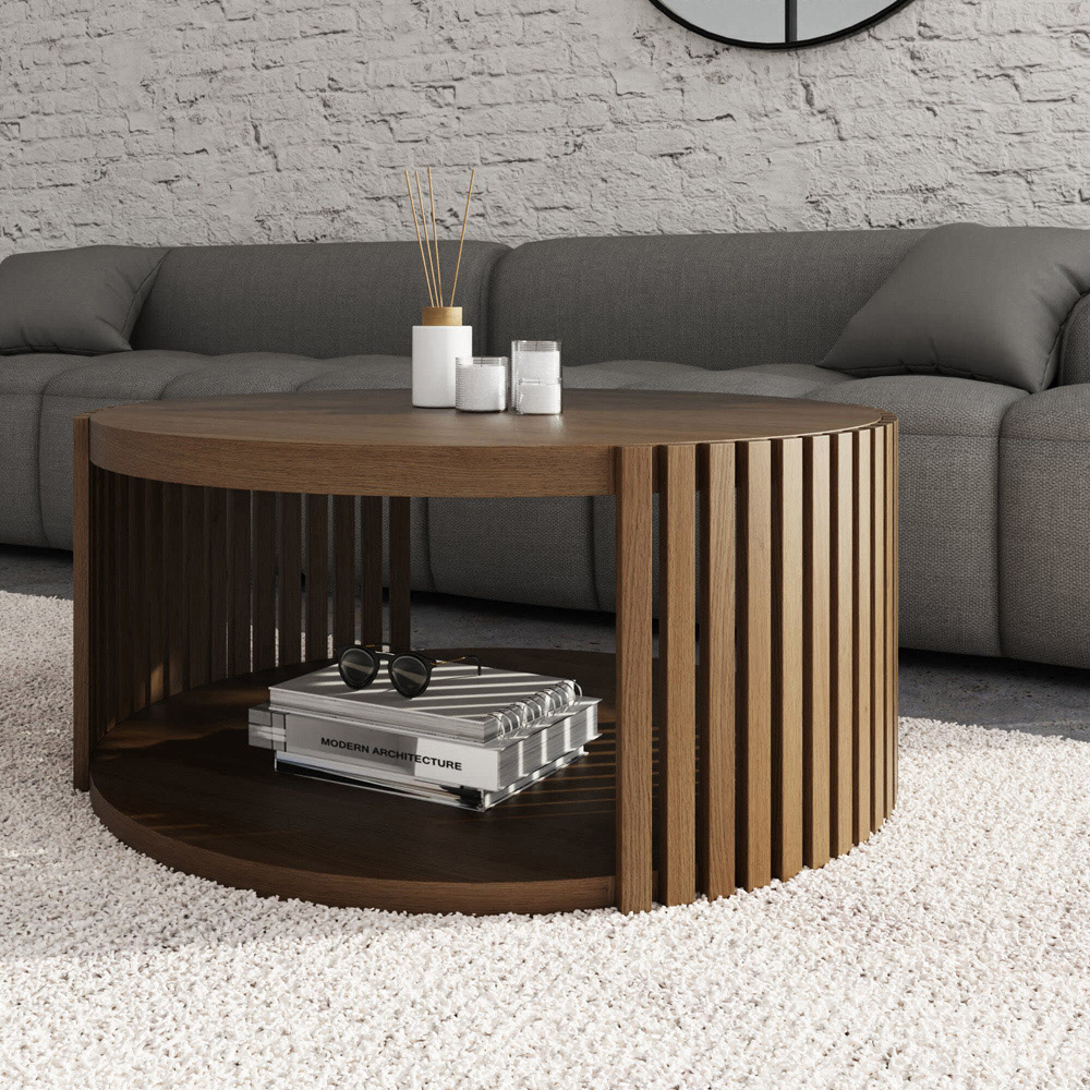 GFW Zadie Single Shelf Walnut Slatted Round Coffee Table Image 7