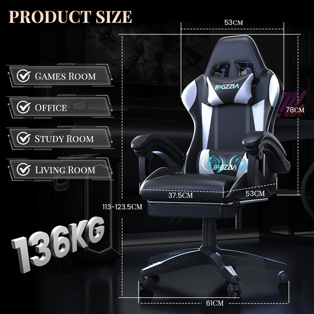 Rattrix White Reclining Gaming Chair with Massage Lumbar Cushion and Footrest Image 9