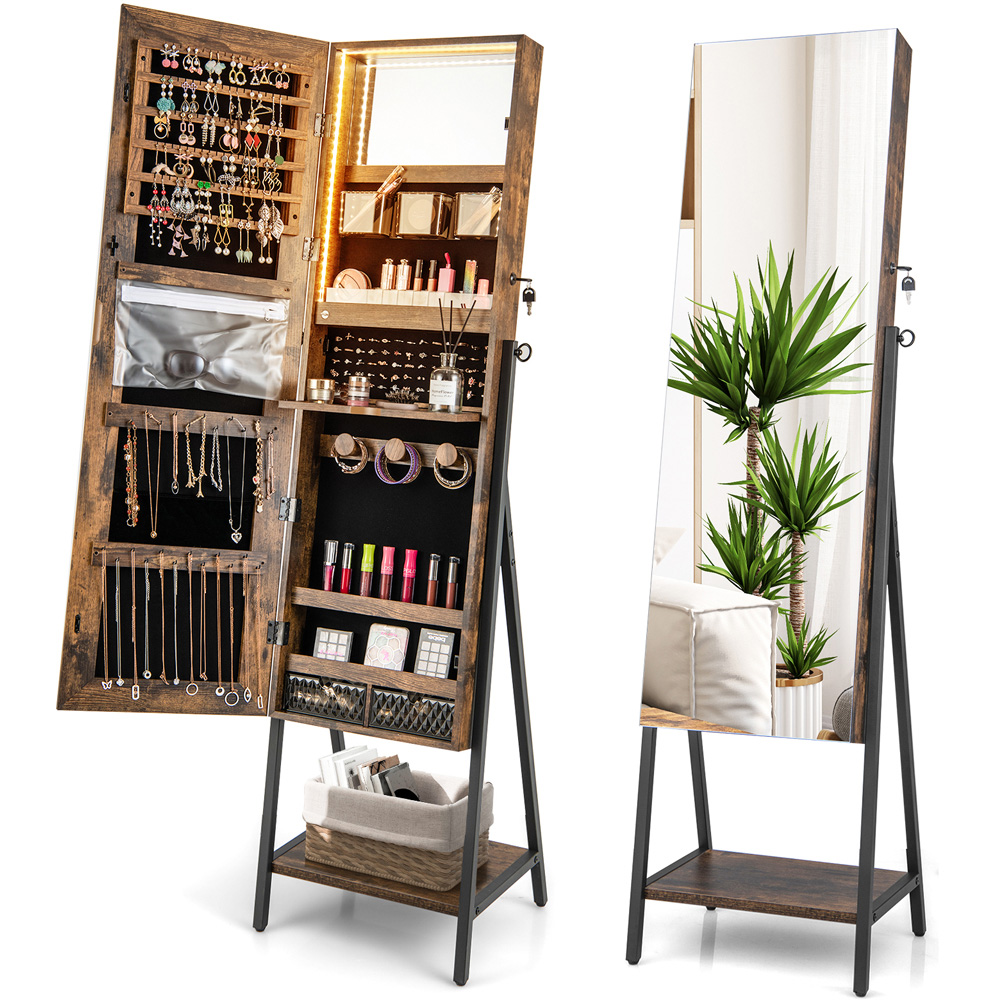 Costway Single Shelf Rustic Brown LED Lockable Floor Jewellery Armoire Image 3