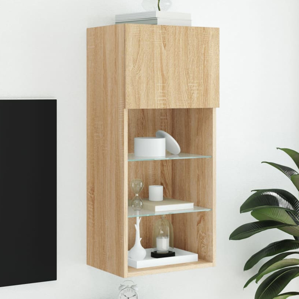 vidaXL Single Door 3 Shelf Sonoma Oak Wall Mounted LED TV Cabinet Image 1