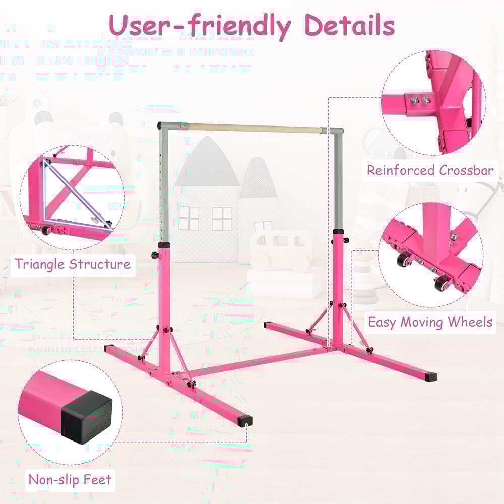 Costway Pink Kids Foldable Gymnastics Bar Image 6