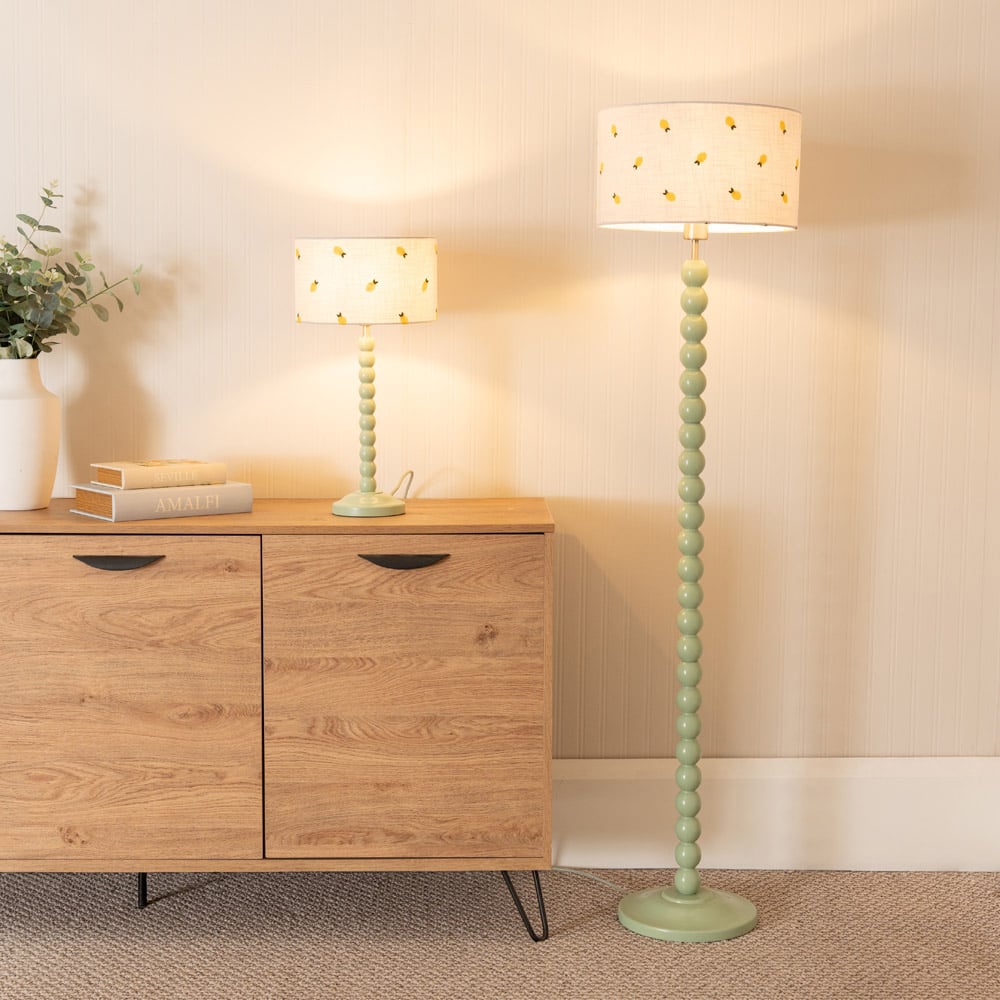 ValueLights Bobbins Lemon Embroidered Drum Shade Sage Green LED Table Lamp Image 4