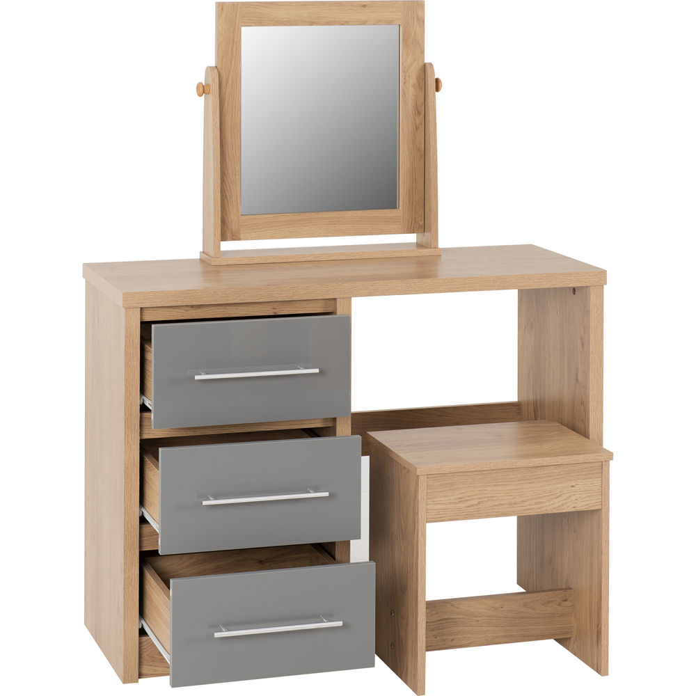 Seconique Seville 3 Drawer Gloss Grey and Light Oak Veneer Dressing Table Set with Mirror Image 4