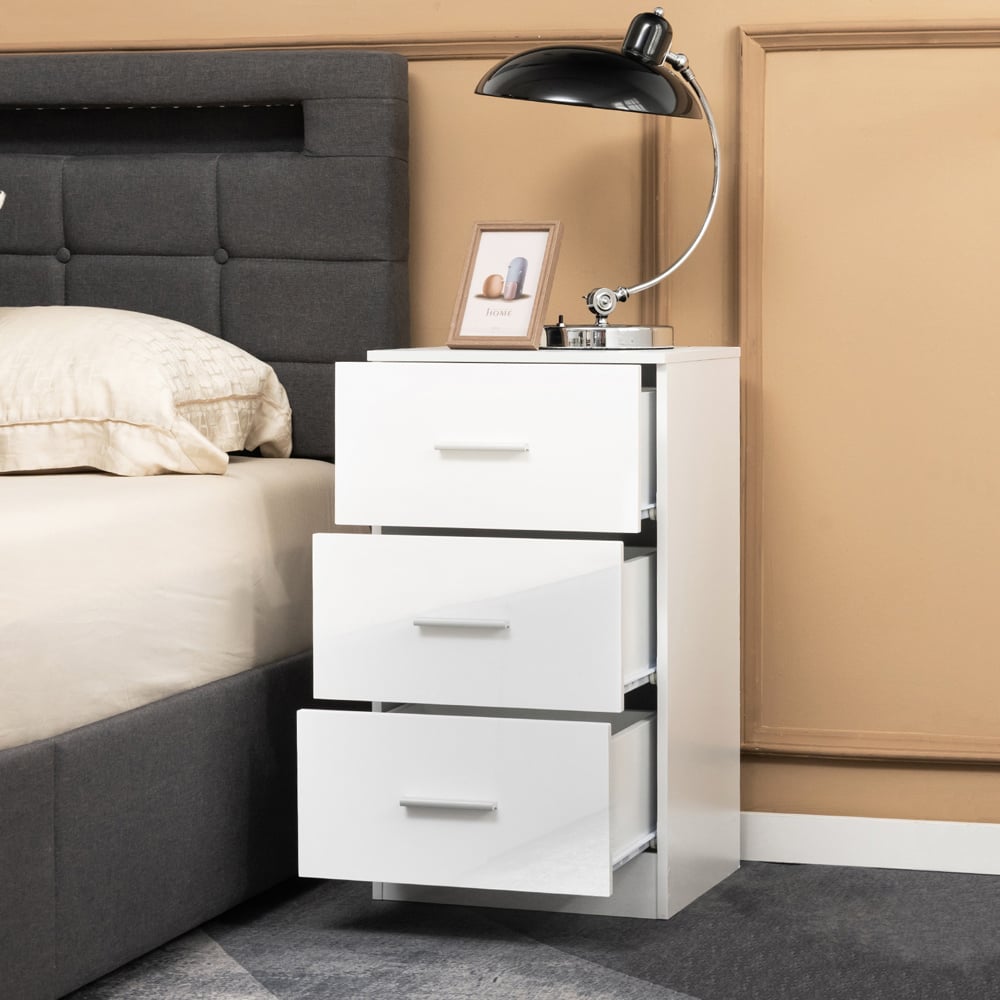 Costway 3 Drawer White Wooden Bedside Table Image 3