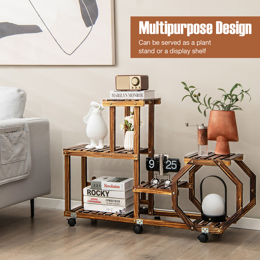 Costway 4 Tier Wooden Rolling Plant Stand Image 4