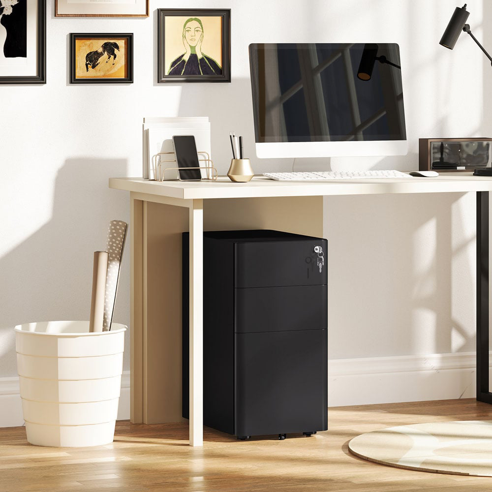 Vinsetto 3 Drawer Black Steel Lockable Filing Cabinet on Wheels Image 3