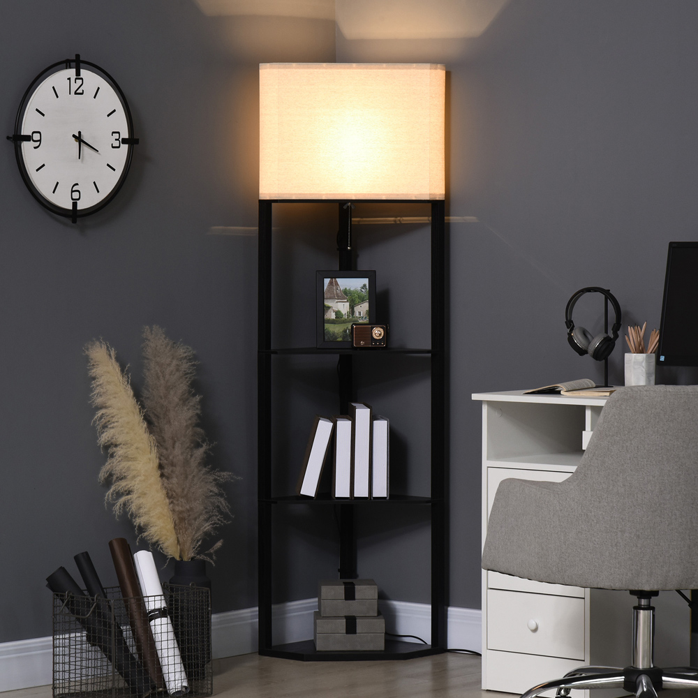 Portland 3 Shelf Black Tall Corner Floor Lamp with Pull Chain Switch Image 2