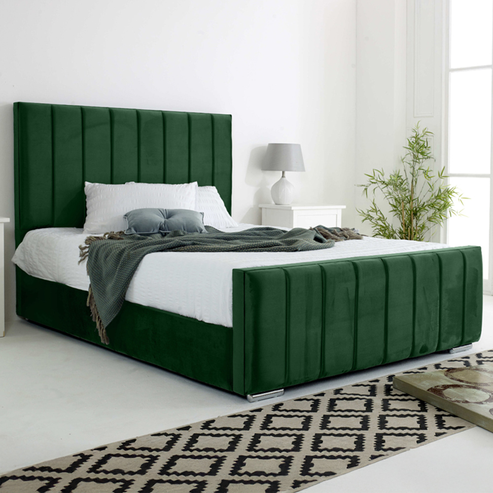 Eleganza Coraline King Size Green Plush Velvet Bed Frame with Headboard and Footboard Image 1