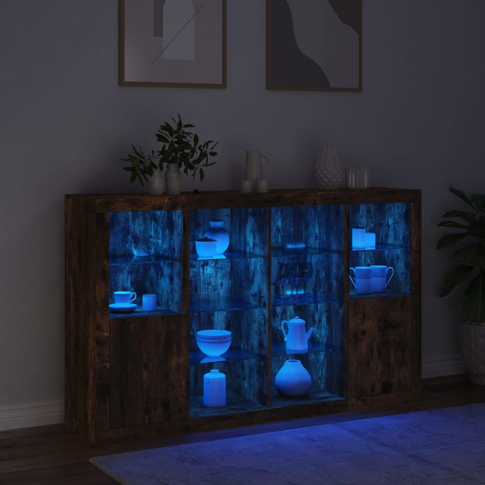 vidaXL 2 Door 12 Shelf Smoked Oak Wide Sideboard with LED Lights 3 Piece Image 3